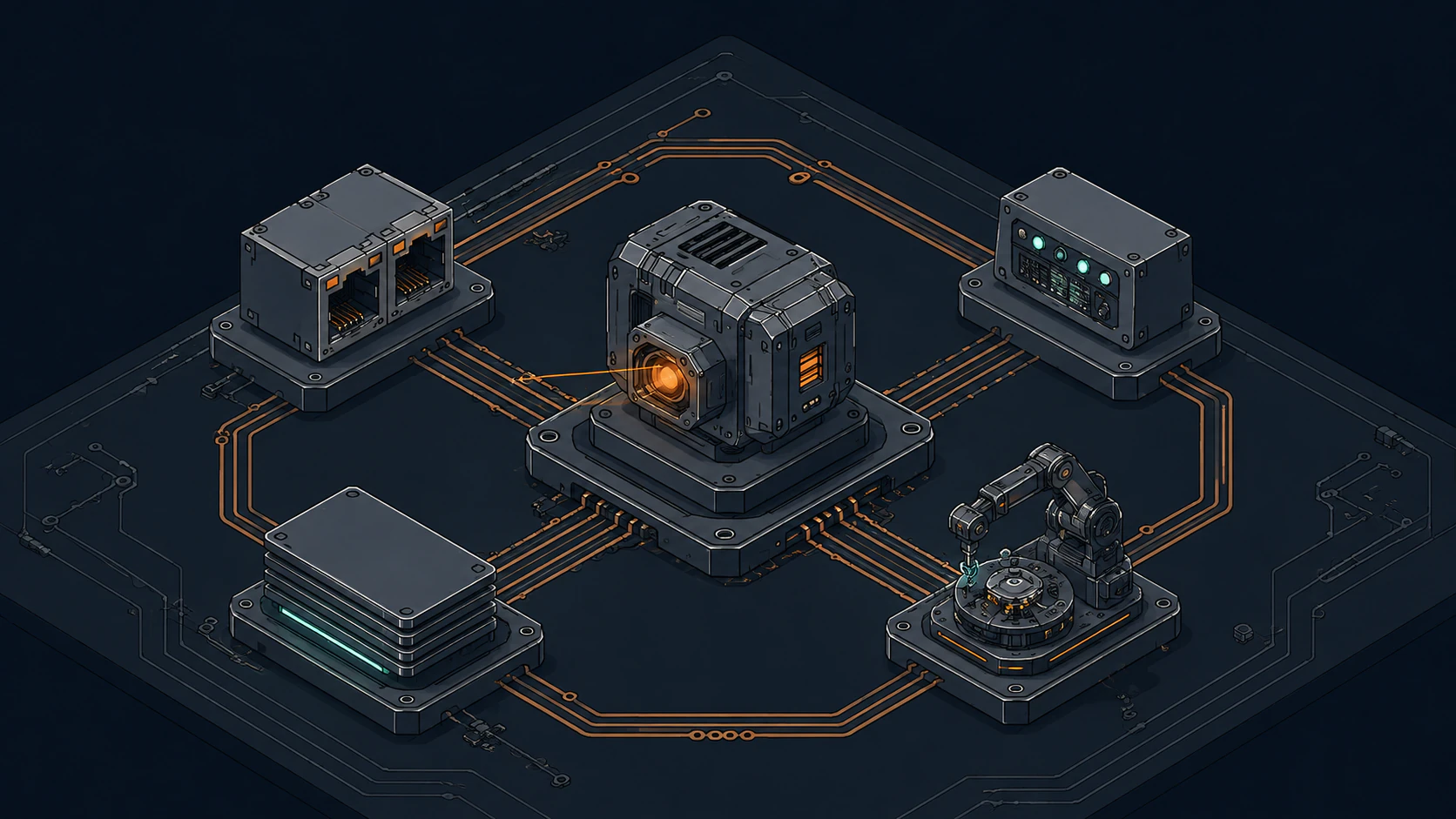 A scanning instrument connects four hardware stations in a copper circuit loop, with amber and green indicators marking review and completion.