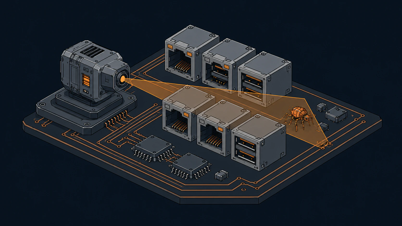 An amber scan field reveals a mechanical bug beside six network connectors on a simplified motherboard.