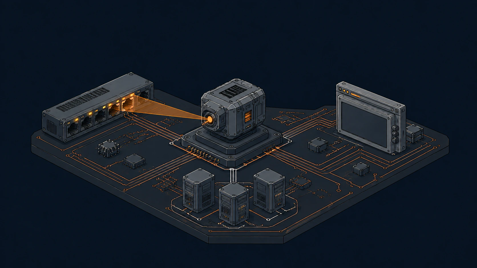 A scanning instrument connects to public network ports, a web application terminal and three internal servers on a copper-traced circuit board.